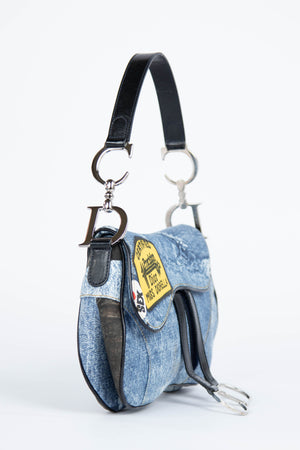 2000s Christian Dior Printed Denim Double Saddle Bag