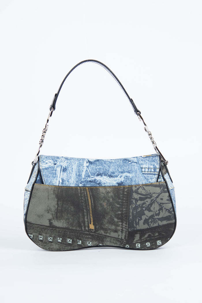 2000s Christian Dior Printed Denim Double Saddle Bag