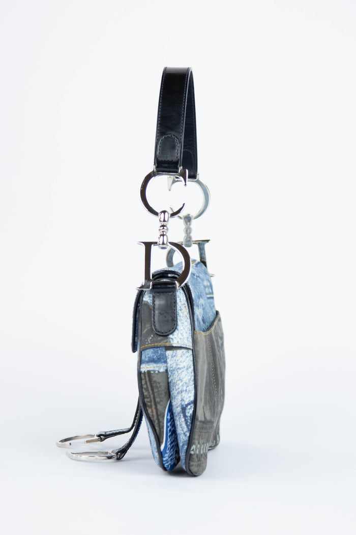 2000s Christian Dior Printed Denim Double Saddle Bag