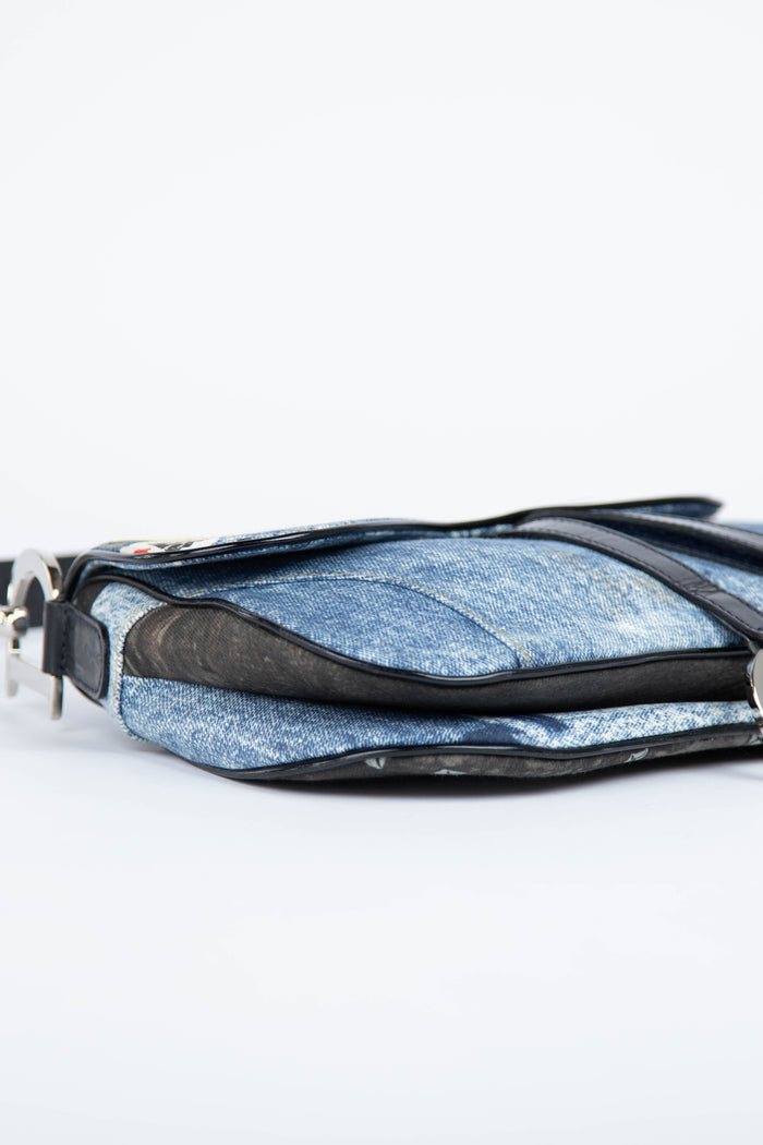 2000s Christian Dior Printed Denim Double Saddle Bag