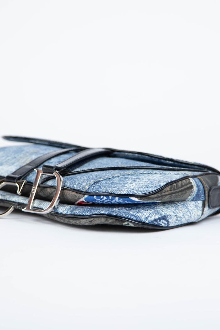 2000s Christian Dior Printed Denim Double Saddle Bag