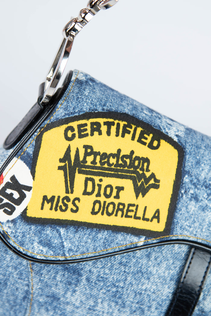 2000s Christian Dior Printed Denim Double Saddle Bag