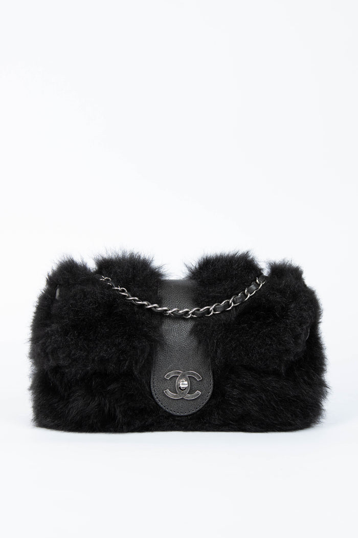 2000s Chanel Black Fur Single Flap Shoulder Bag
