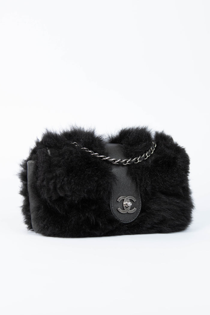 2000s Chanel Black Fur Single Flap Shoulder Bag