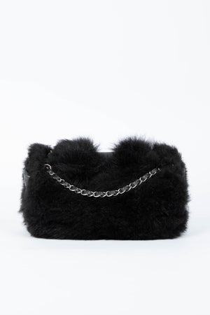 2000s Chanel Black Fur Single Flap Shoulder Bag