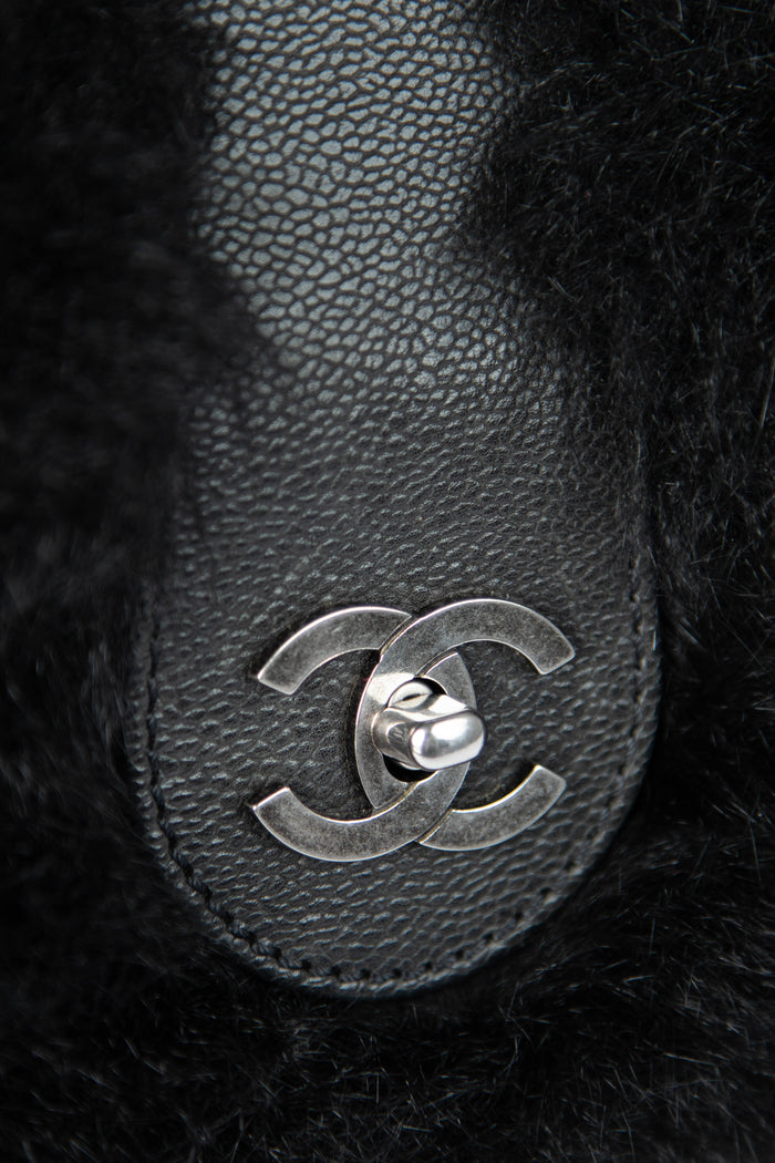 2000s Chanel Black Fur Single Flap Shoulder Bag