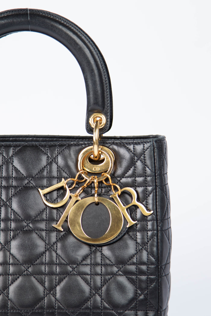 Vintage Christian Dior Medium Black Leather Lady Dior