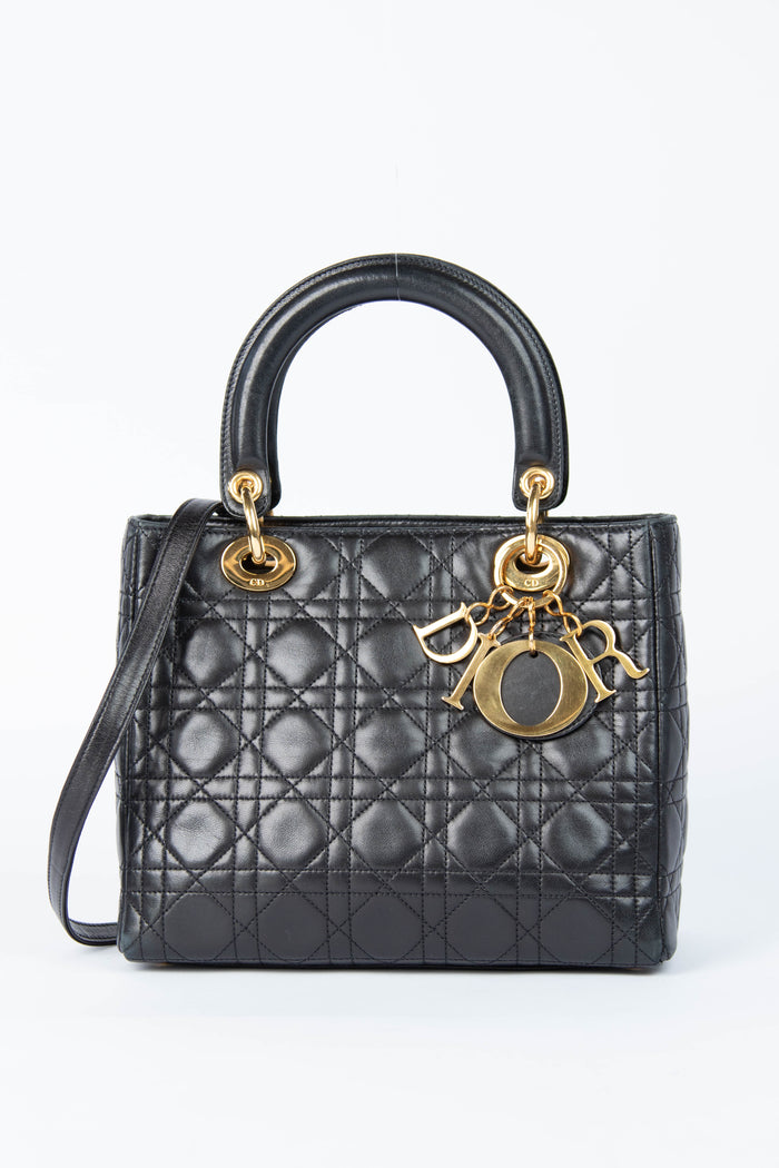 Vintage Christian Dior Medium Black Leather Lady Dior