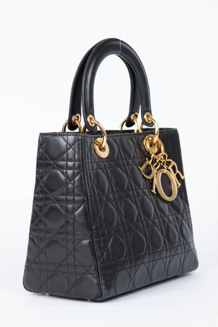 Vintage Christian Dior Medium Black Leather Lady Dior