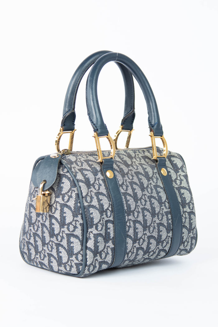 2000s Christian Dior Navy Monogram Canvas Small Boston Bag