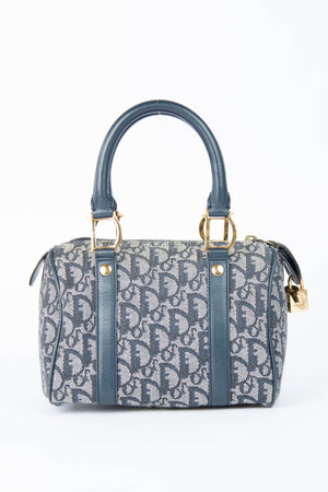 2000s Christian Dior Navy Monogram Canvas Small Boston Bag
