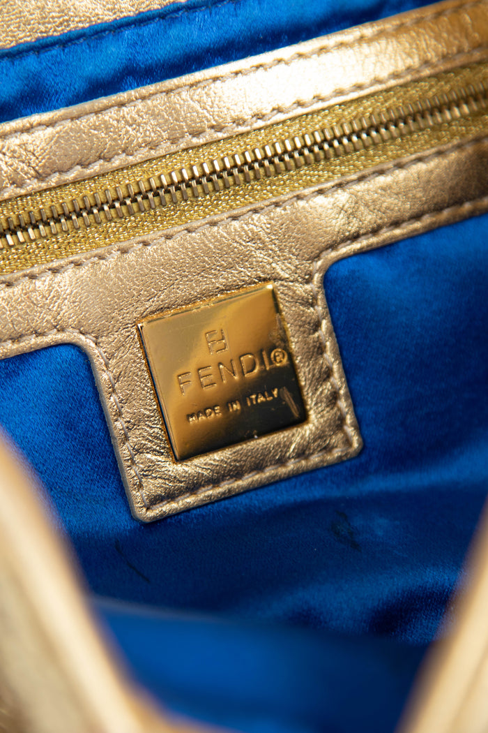 RARE Fendi Gold Lace and Crystal Baguette Shoulder Bag