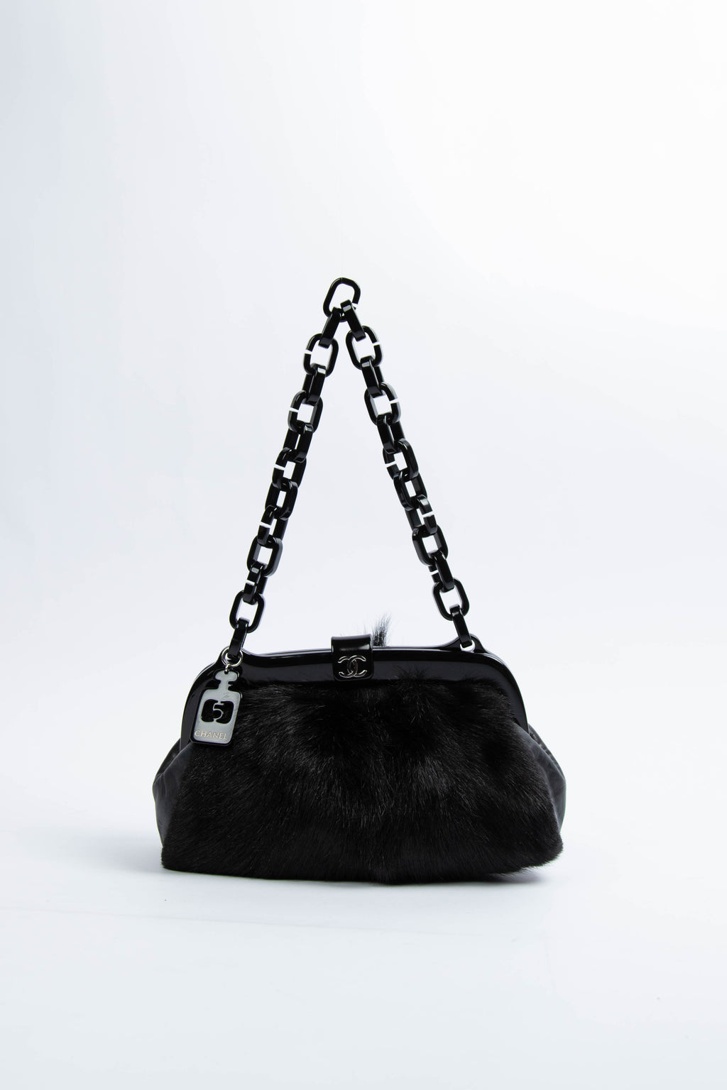 RARE Chanel Vintage Black Fur Kiss Lock Shoulder Bag