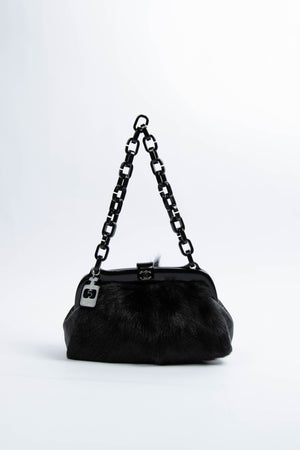 RARE Chanel Vintage Black Fur Kiss Lock Shoulder Bag