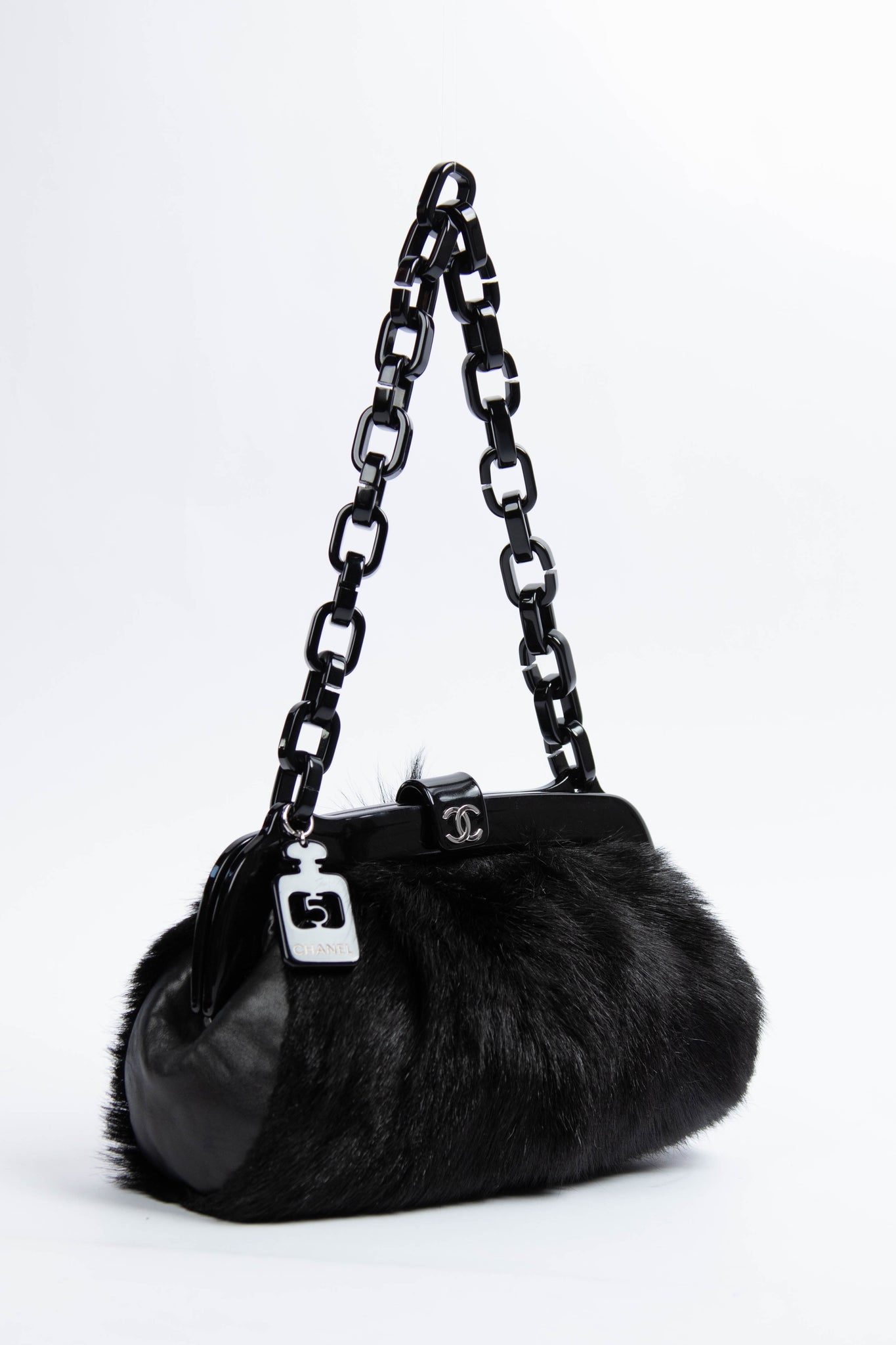 RARE Chanel Vintage Black Fur Kiss Lock Shoulder Bag