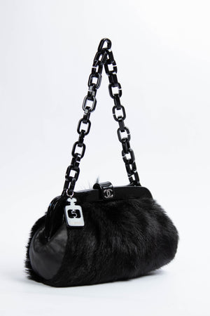 RARE Chanel Vintage Black Fur Kiss Lock Shoulder Bag