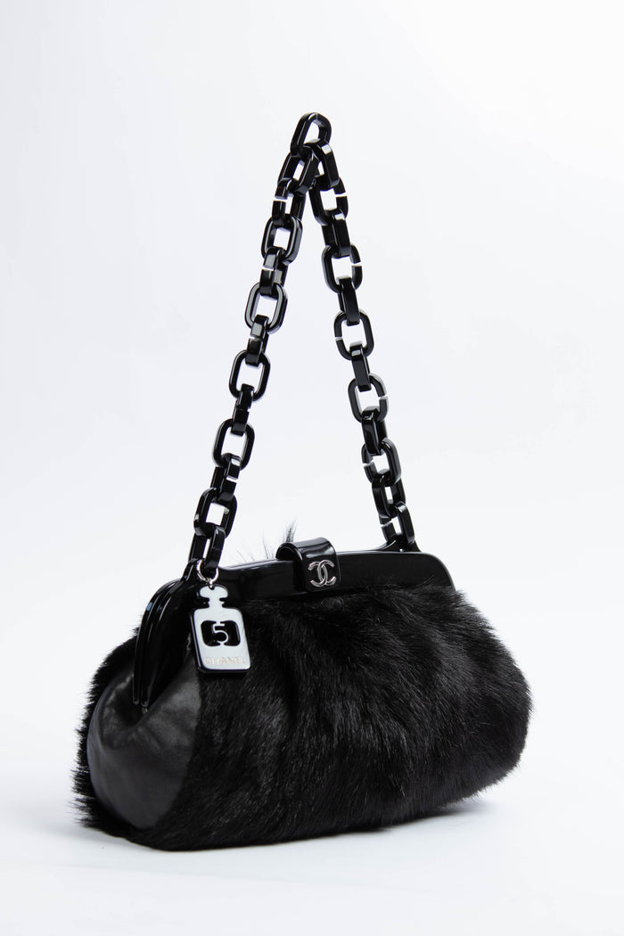 RARE Chanel Vintage Black Fur Kiss Lock Shoulder Bag