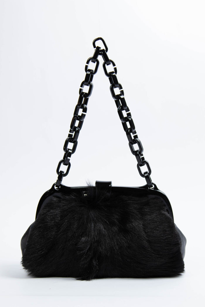 RARE Chanel Vintage Black Fur Kiss Lock Shoulder Bag