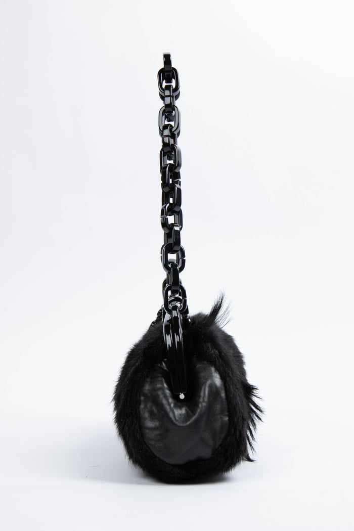 RARE Chanel Vintage Black Fur Kiss Lock Shoulder Bag