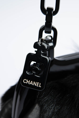 RARE Chanel Vintage Black Fur Kiss Lock Shoulder Bag
