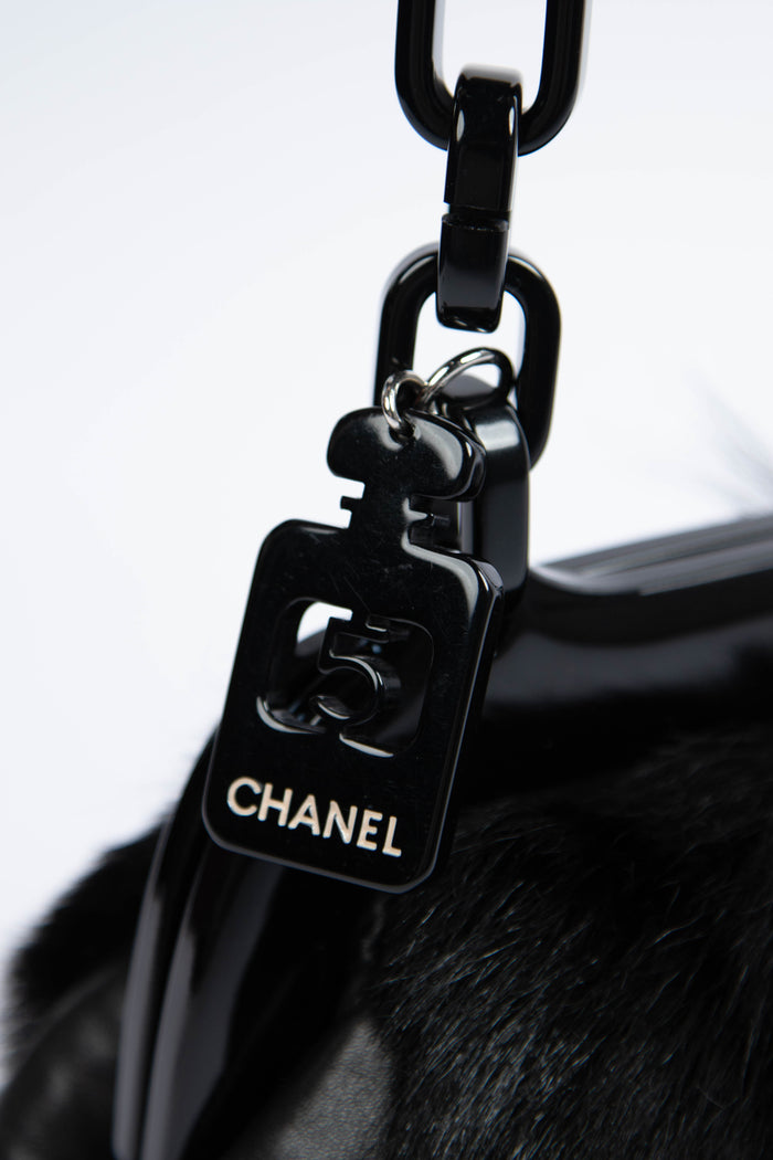 RARE Chanel Vintage Black Fur Kiss Lock Shoulder Bag