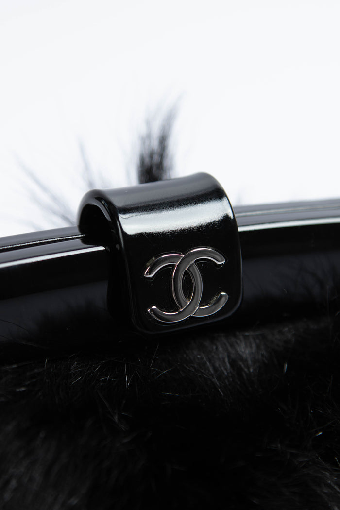 RARE Chanel Vintage Black Fur Kiss Lock Shoulder Bag