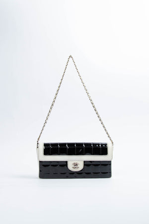 2000s Chanel Patent Leather Chocolate Bar East West Shoulder Bag