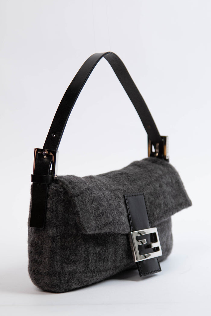 Vintage Fendi Grey Zucca Cashmere Baguette Shoulder Bag