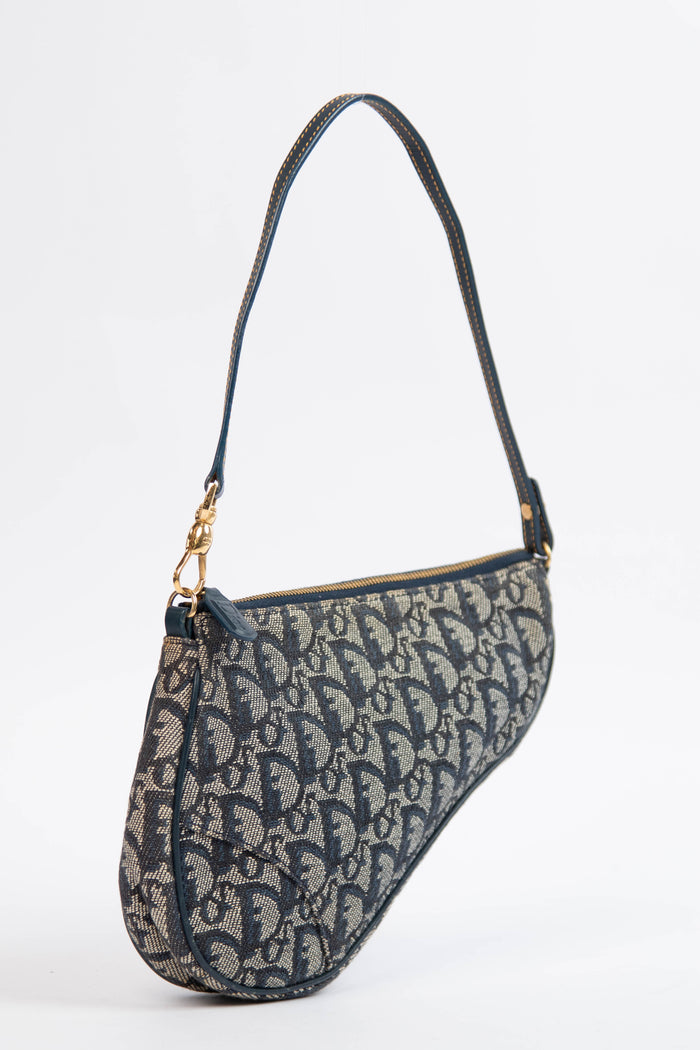 2000s Christian Dior Monogram Navy Trotter Saddle Bag