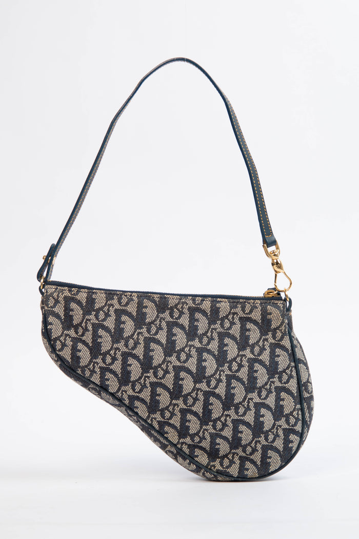 2000s Christian Dior Monogram Navy Trotter Saddle Bag