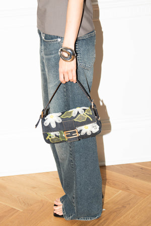 Vintage Fendi Denim Baguette with Mesh Flower Appliqué