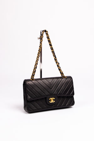 Vintage Chanel Classic Medium Double Flap Bag Black Chevron Leather 24K GHW