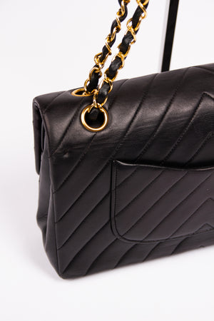 Vintage Chanel Classic Medium Double Flap Bag Black Chevron Leather 24K GHW