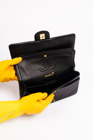 Vintage Chanel Classic Medium Double Flap Bag Black Chevron Leather 24K GHW