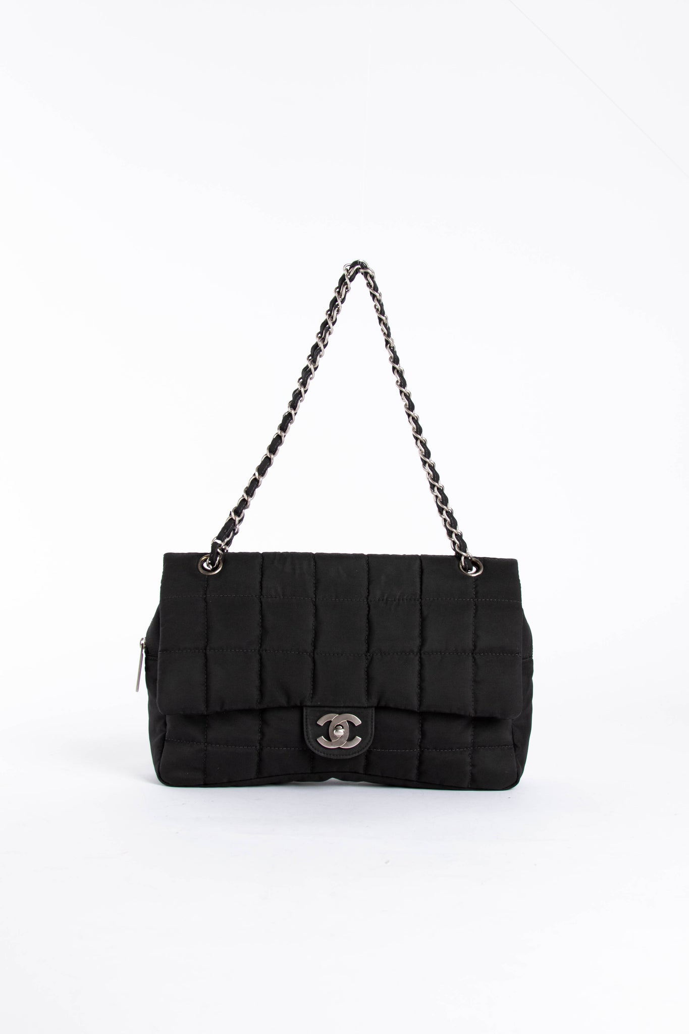 Chanel Black and Ecru Tweed Jersey Quilted Large Flap Bag