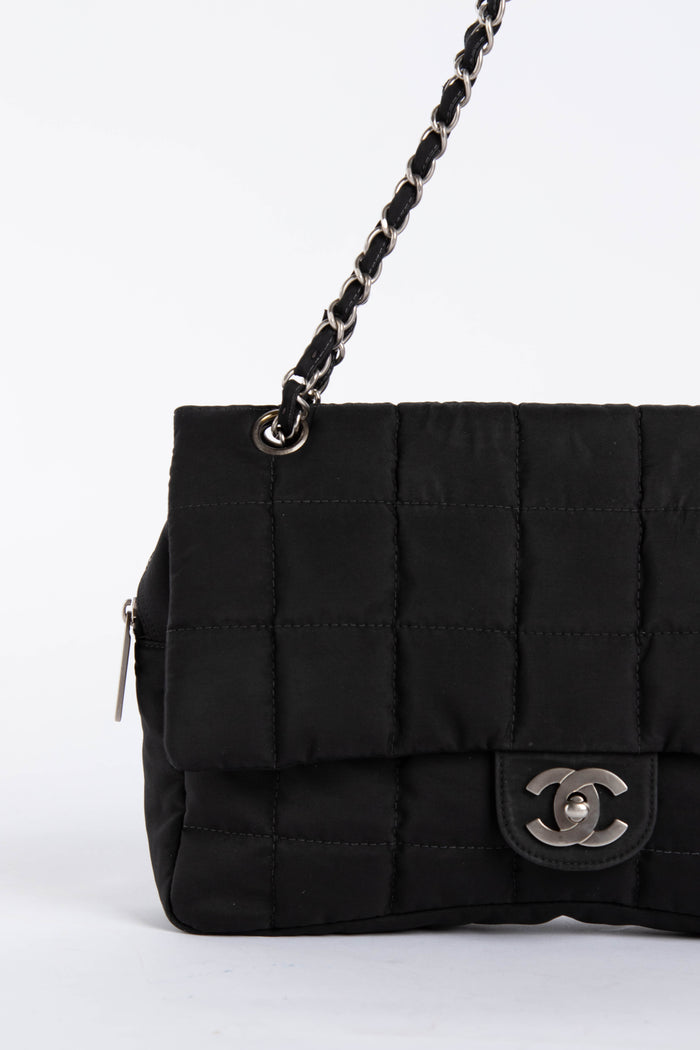 2000s Chanel Black Nylon Single Flap Bag with Brushed Silver Hardware