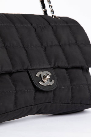 2000s Chanel Black Nylon Single Flap Bag with Brushed Silver Hardware