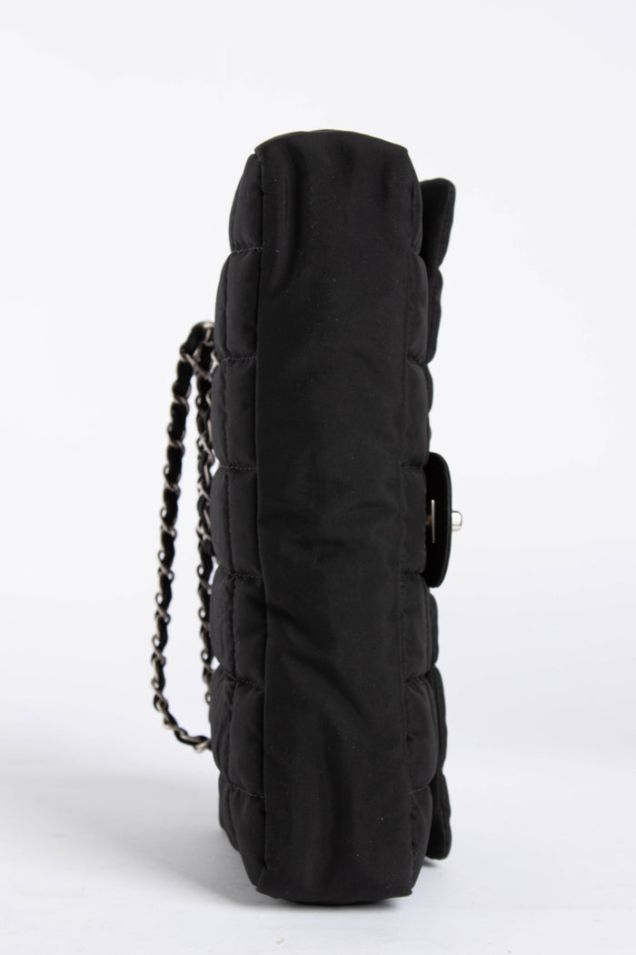 2000s Chanel Black Nylon Single Flap Bag with Brushed Silver Hardware