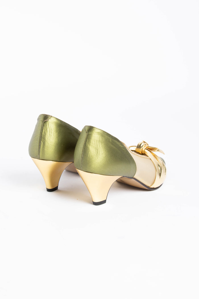 Vintage Valentino Green & Gold Kitten Heels Size EU 38.5
